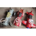 Vintage metal ride=on toy vehicles - aeroplane, fire engine and red racing car