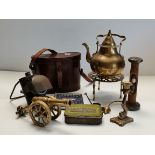 Brass items, Binoculars, old Toffee tin etc