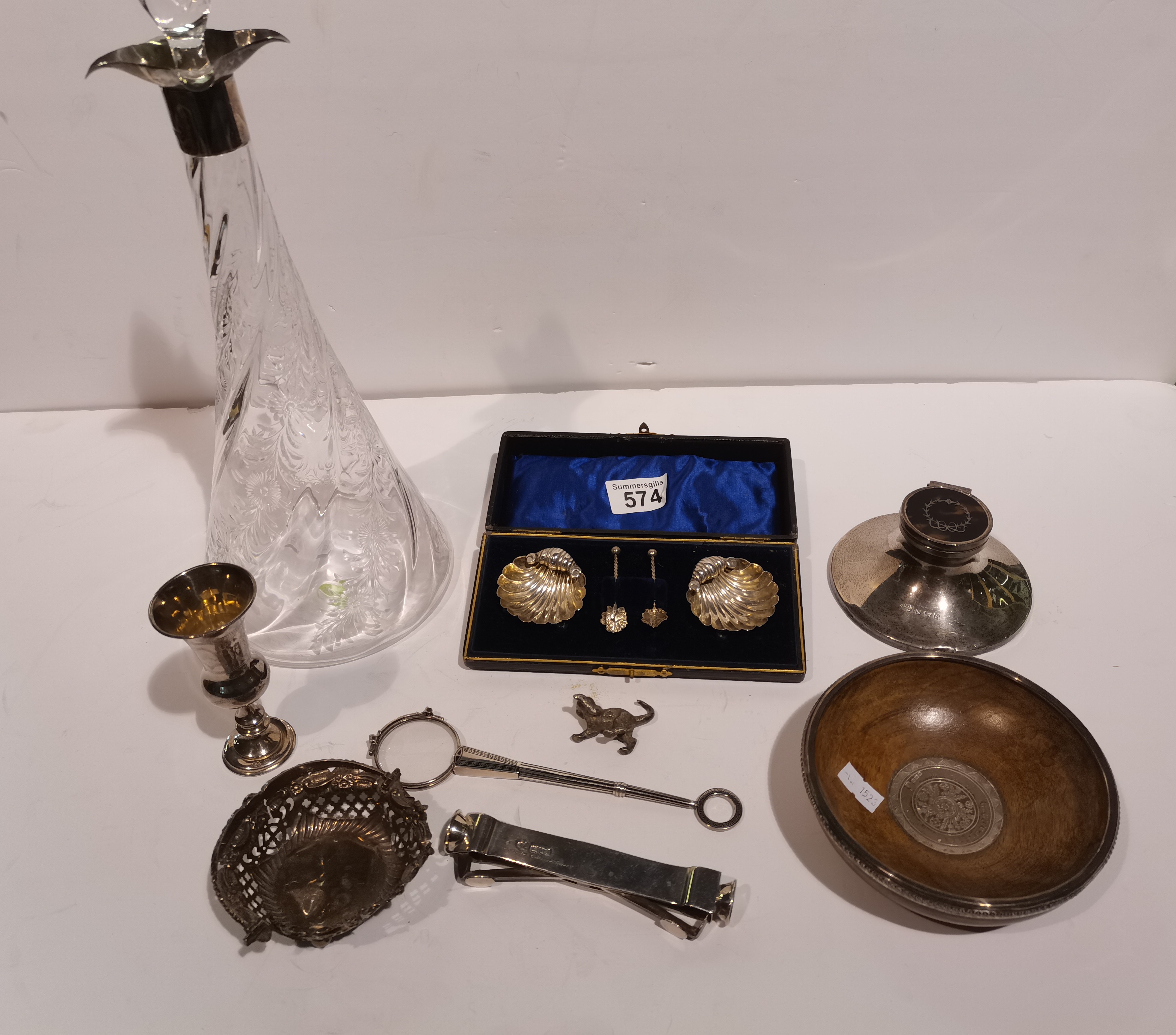 Collection of silver and silver plated items inc ink well claret jug, cruet set etc