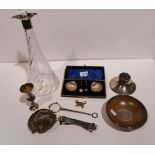 Collection of silver and silver plated items inc ink well claret jug, cruet set etc