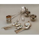 Silver and silver plated spoons, salt pots, serviette rings and gold plated watch