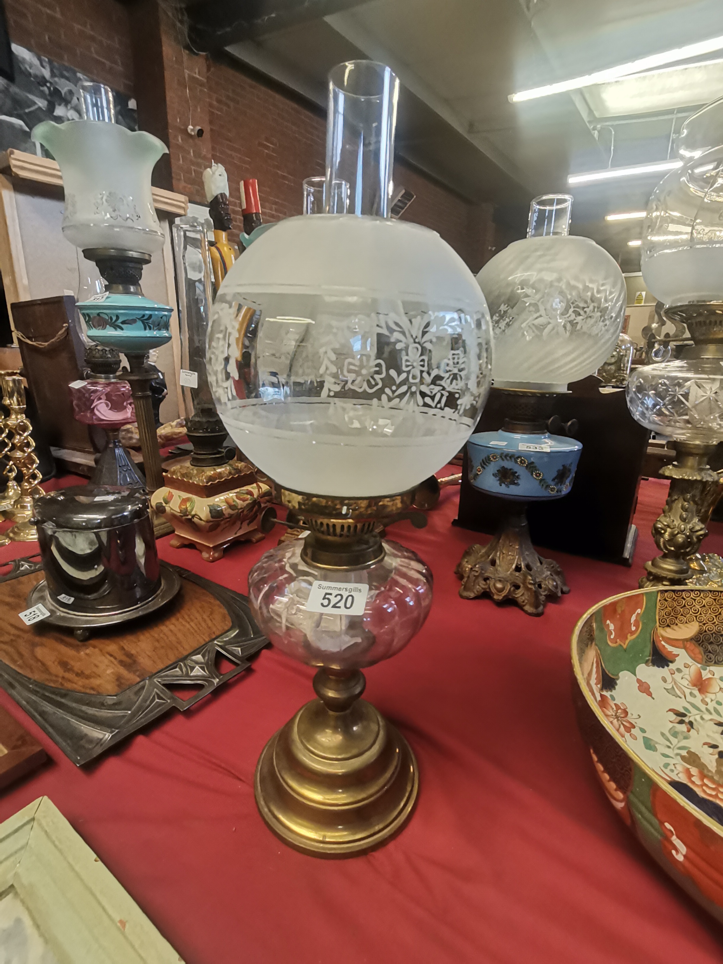 2 x Victorian Oil lamps, one with pink glass, one with etched glass 56cm and 60cm Ht