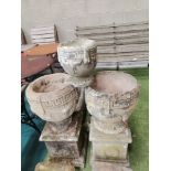 X2 stone garden urns on plinths plus Stone Urn