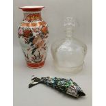Japanese vase with Character marks on base plus glass decanter in shape of crown and mother of pearl