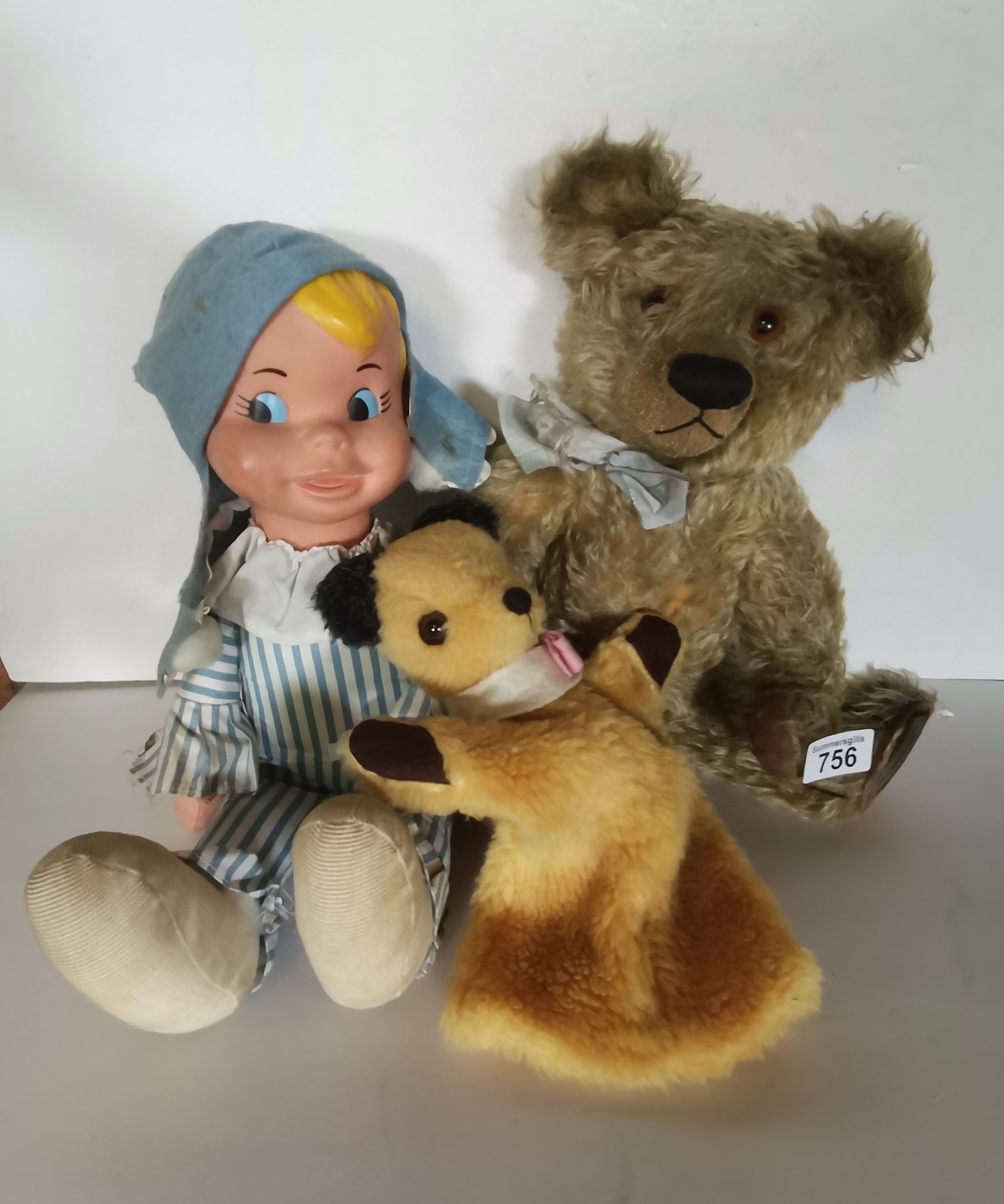 VIntage Toys - teddy bear, Sooty hand glove puppet and Andy Pandy