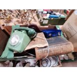 2 x boxes misc. items incl green rotary telephone, Singer sewing machine clocks etc