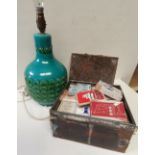 Retro turquoise table lamp base plus Vintage "Foxes biscuits" tin with packs of playing cards