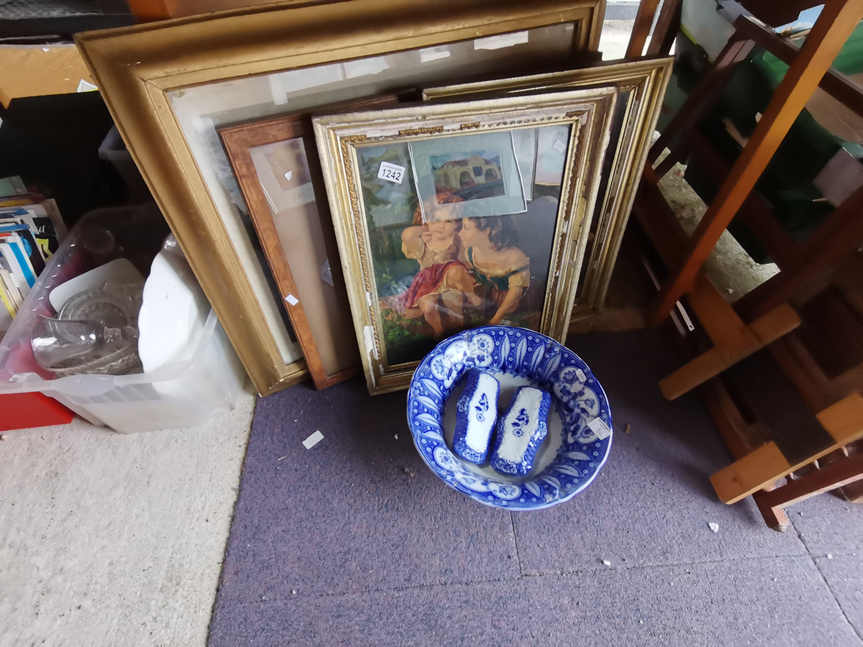 4 x framed pictures including "Modern Italy" plus blue and white bowl & boxes