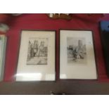 A pair of etchings by Oswald Fletcher Bootham bar York and Durham cathedral 30cm x 45cm