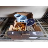 1 box of misc items incl Wedgwood Jasperware, ceramic thimbles, Victorian meat platter etc