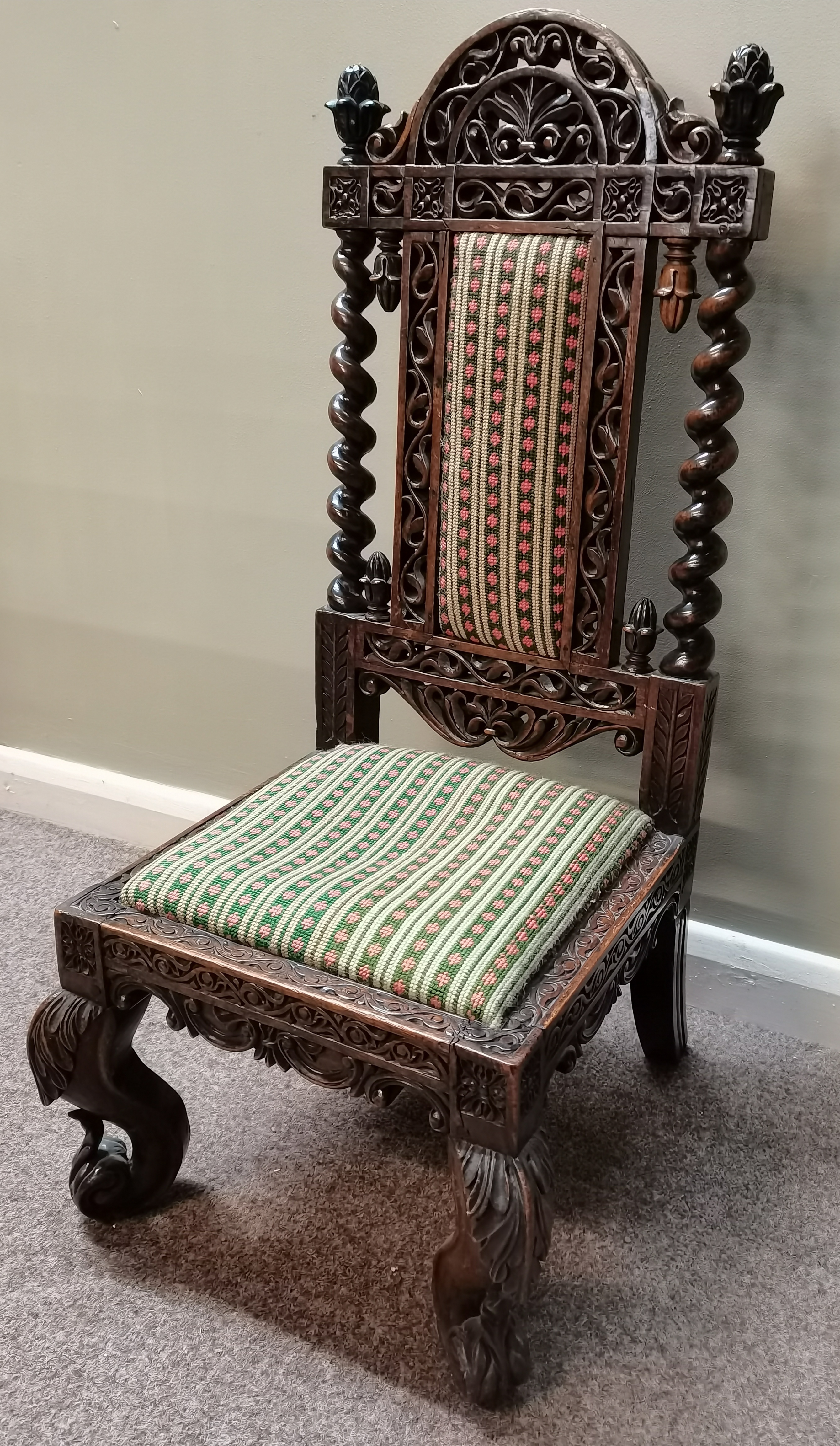 An Antique Anglo Indian Childs chair heavily carved with cabriole legs height 80cm - Image 2 of 3