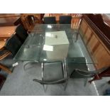 Square Travertine based glass topped dining table plus 6 chairs