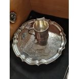 Silver plated Victorian Oval tray 52cm x 40cm plus silver tankard 131g