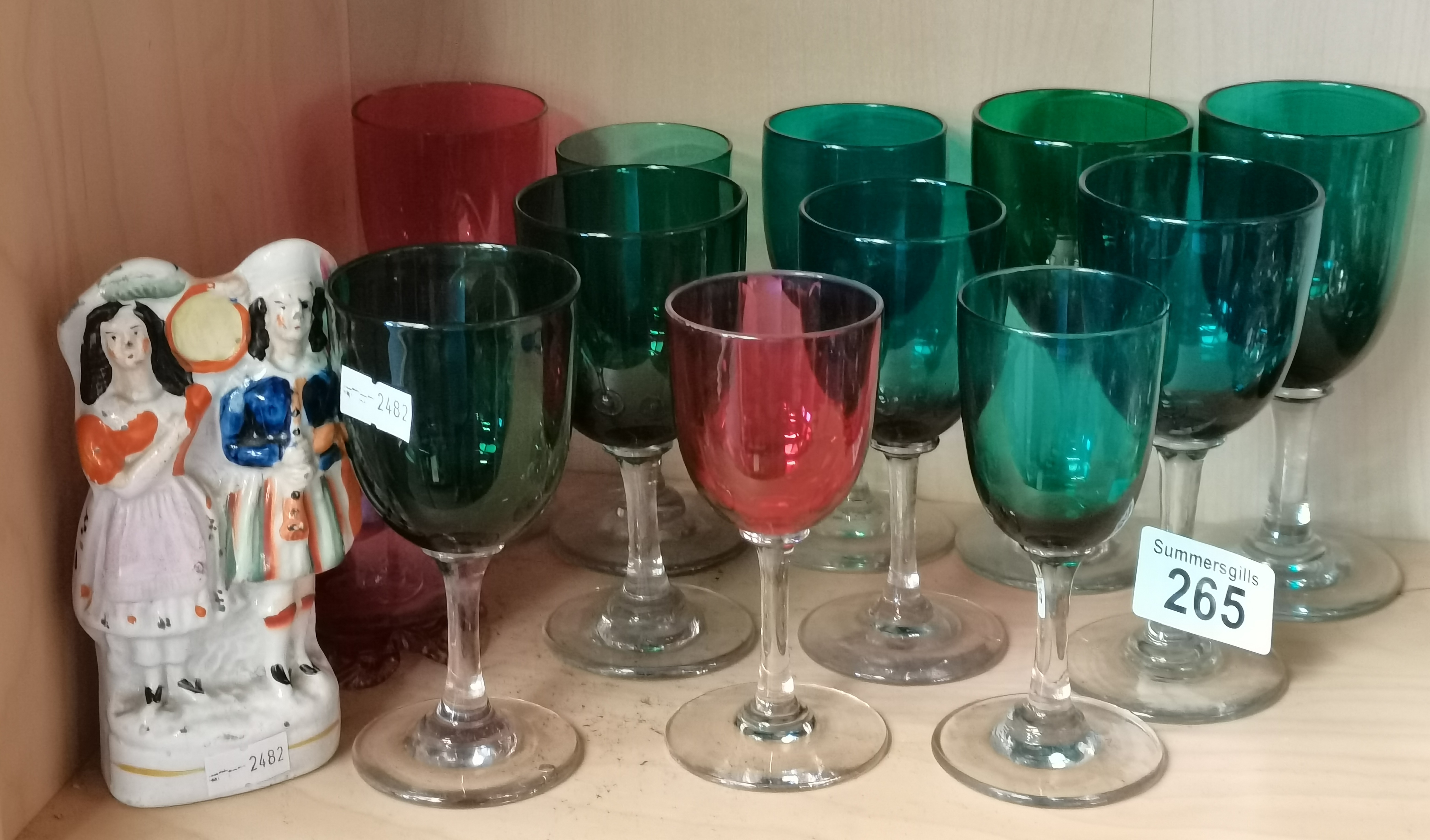 x9 Victorian Bristol green wine glasses plus x2 Cranbury wine glasses and a jug