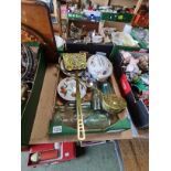 Box of Misc. items incl Royal Worcester Evesham, brass and vintage glass bottles
