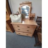 Light oak dressing table with mirror plus brass table lamp