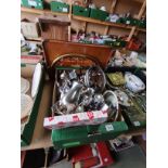 Box of silver plated ware, teapots, cream jugs etc plus 2 wooden trays
