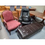 Black leather swivel chair, Ottoman, round foot stool and Georgian style chair