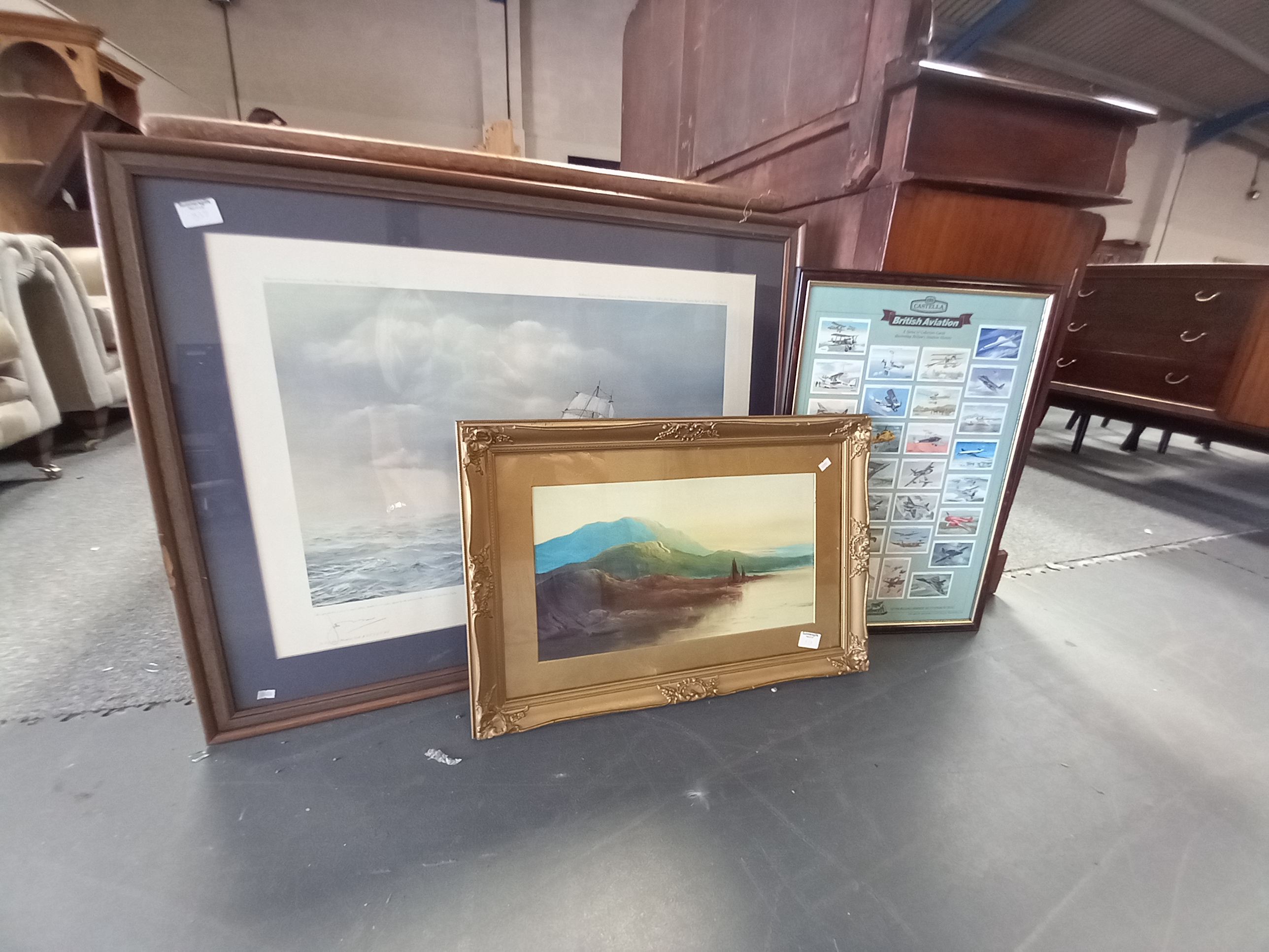 Framed British aviation collectors cards plus x2 pictures oil of lake scene and a ship picture