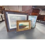 Framed British aviation collectors cards plus x2 pictures oil of lake scene and a ship picture