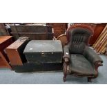 Victorian gentleman's armchair, vintage Bush radio, trunk and blanket box