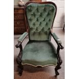 Green button back Victorian mahogany armchair