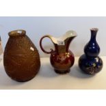 Art nouveau brown glass vase - H29cm plus Crown Devon Jug (crack in handle) plus Wilton ware vase