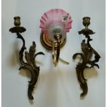 Antique Brass wall light with glass shade and x2 brass wall candle holders