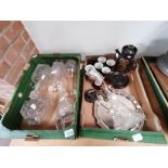 2 x boxes vintage items - stoneware coffee set, deancters, claret jug and tray etc