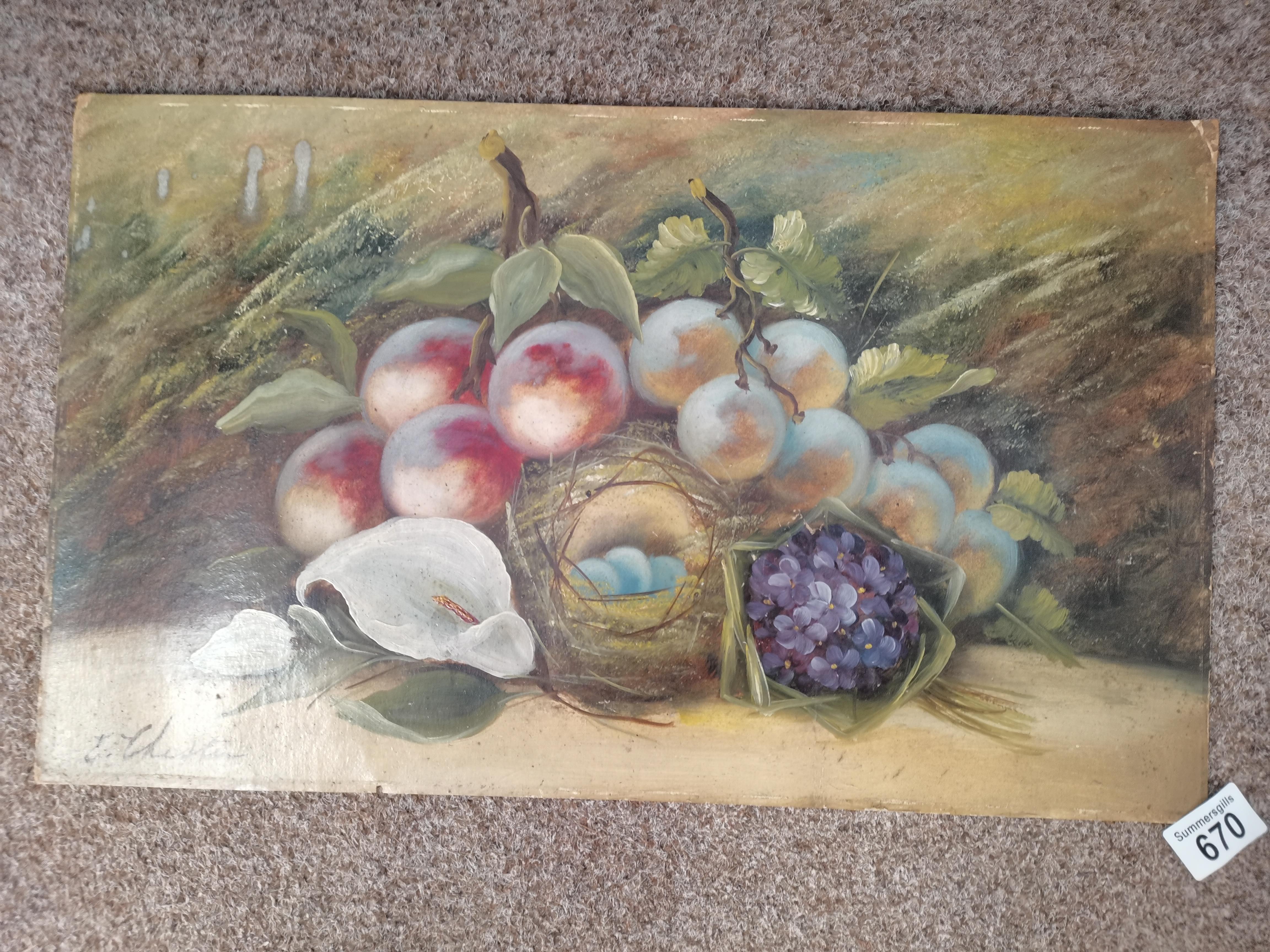 3 x 1902 penned ink funny etchings plus an oil of still life on card ( Worcester style fruits ) - Bild 5 aus 6