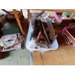 4 x boxes misc. items incl box of Private Eye magazines plus 2 x retro picnic boxes