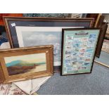 Framed British aviation collectors cards plus x2 pictures oil of lake scene and a ship picture