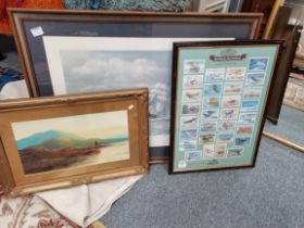 Framed British aviation collectors cards plus x2 pictures oil of lake scene and a ship picture