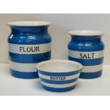 3 x pieces T Green Cornishware - Flour and Salt storage jars plus butter dish