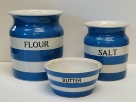 3 x pieces T Green Cornishware - Flour and Salt storage jars plus butter dish