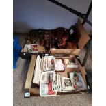 3 Boxes Containing Copper and Brass Items, Wooden Carved Items and Cards