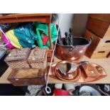 Collection of copper items and African figures, woven sewing boxes and Wooden sewing box with inlaid