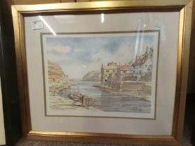 Framed picture of Staithes by K W Burton
