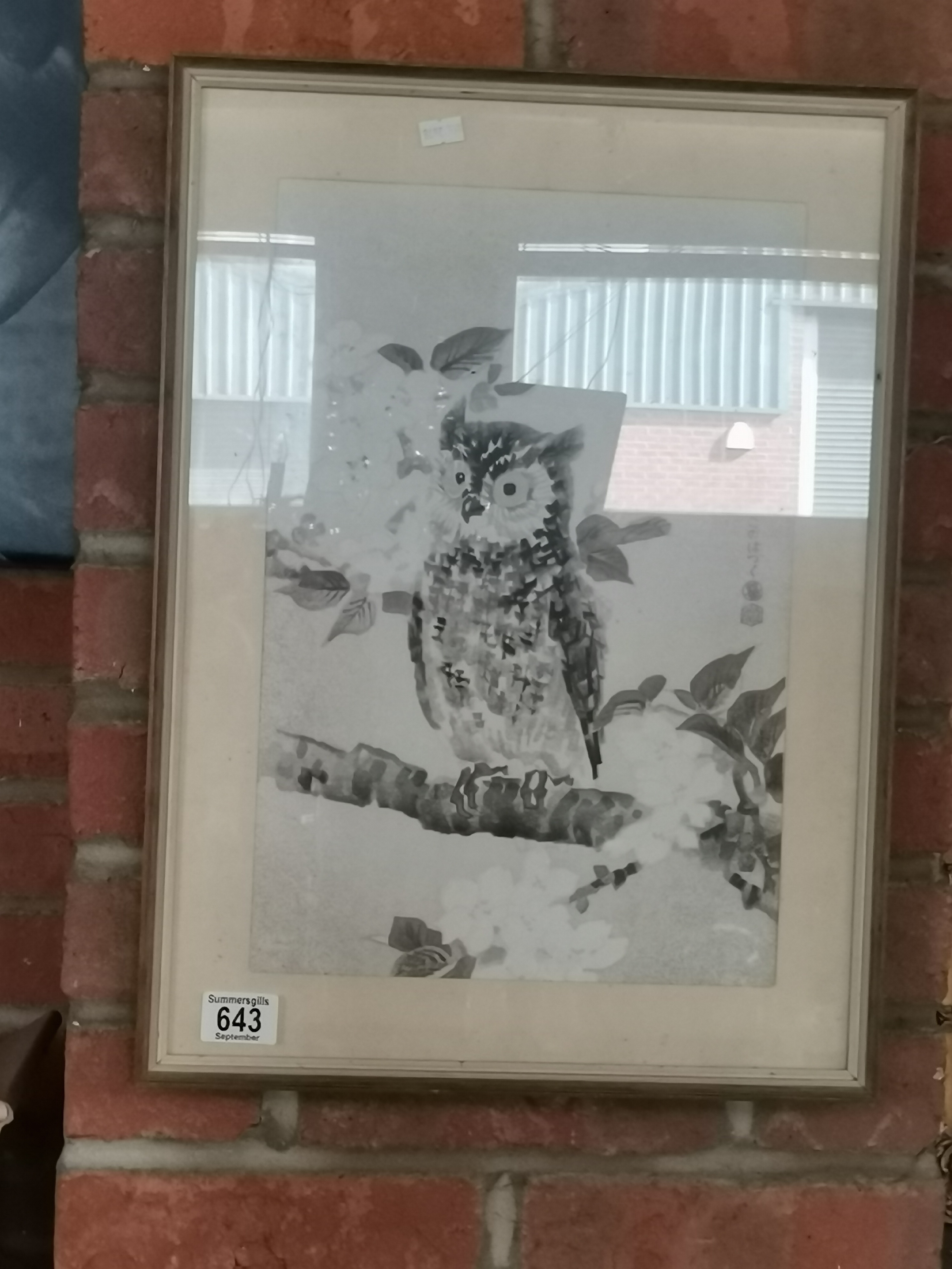 A Chinese watercolour of an owl with character mar