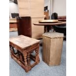 Misc. items incl tables, corner cupboard, round brass tray and Lloyd loom laundry basket