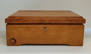 Custom made Mouseman Yorkshire Oak box with key (engraved T & L 3.5.2011) 30cm x 25cm
