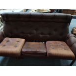Retro button back 3 seater sofa, matching chair and orange armchair - all in need of restoration