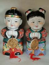 X2 Vintage Chinese Lucky Couple Jintong (Golden Boy) and Yunu (Jade Girl) Porcelain figurines