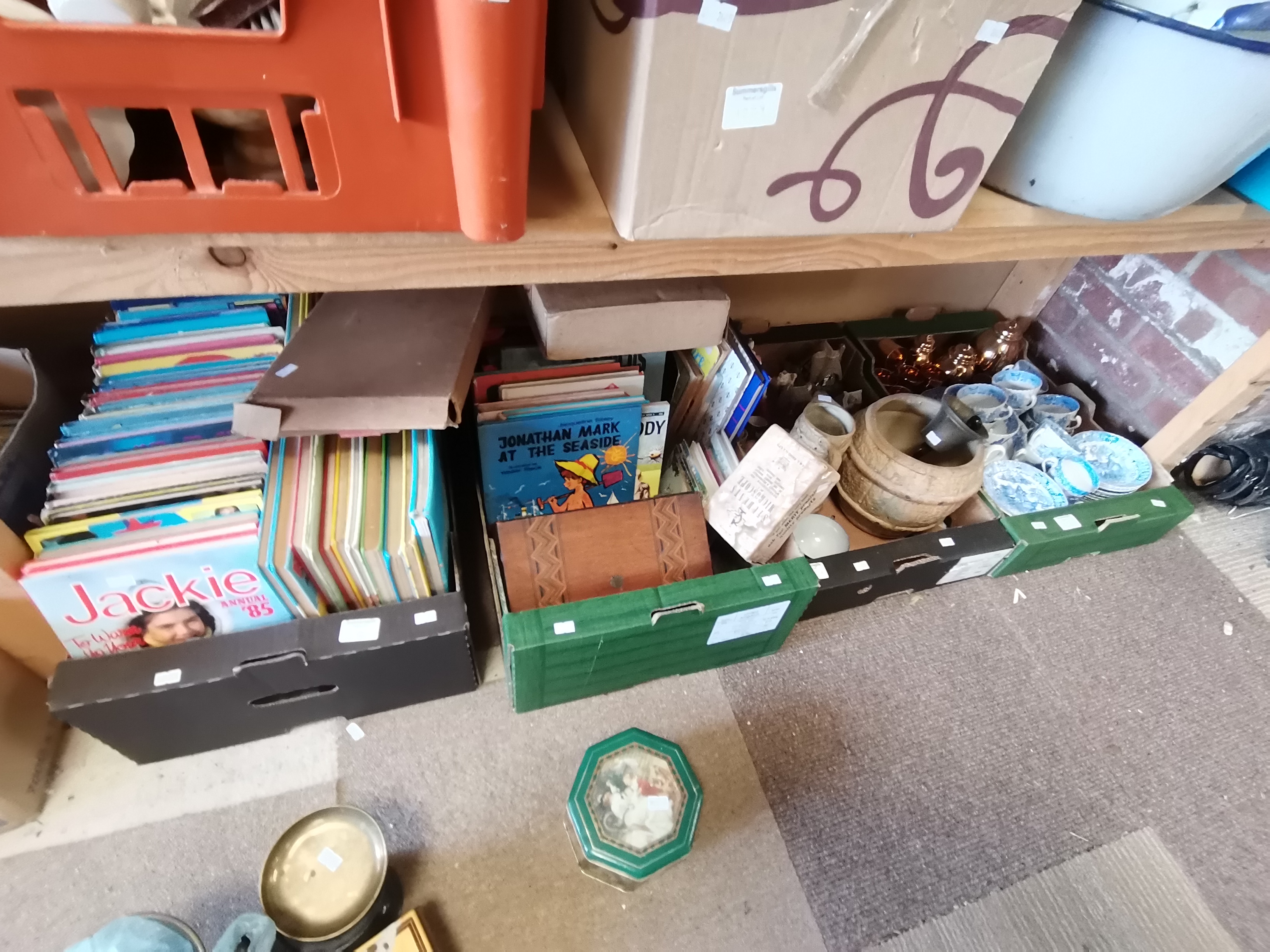 2 Boxes Containing Vintage Annuals and 2 Boxes Containing Ceramics, Microscope