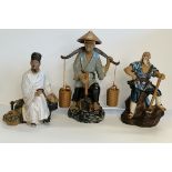 3 x Oriental figures - Chinese man carrying water buckets, 2 x Mudman style figures