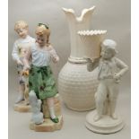 Belleek Vase and Figurine plus x2 German Bisque figurines
