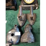 2 x vintage flat irons, policeman money box and candle holder