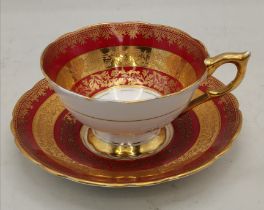Royal Stafford bone china tea cup and saucer burgundy and gilt