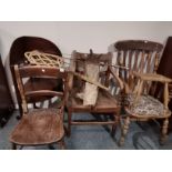 Misc. antique furniture and items incl corner washstand, farmhouse kitchen chair etc