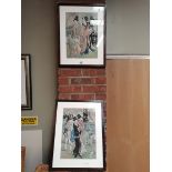 A pair of Chinesecharcoal drawings of geisha girls